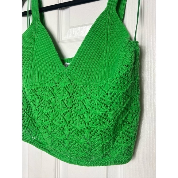 Zara Bright Green Crochet Sweater Knit Bustier V-Neck Crop Top Sz Large Stretch - Picture 7 of 9